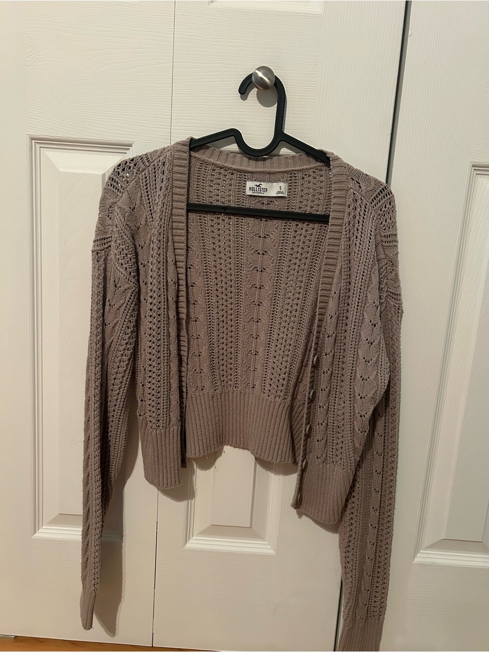 Hollister Cropped Open-Knit Cardigan in Taupe